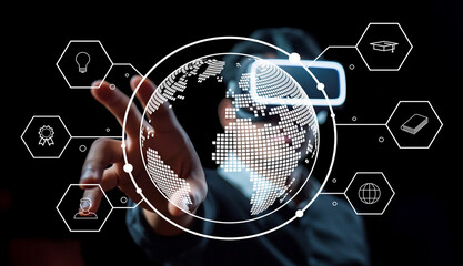 Futuristic technology concept with a person using virtual reality headset interacting with digital global connectivity and icons representing learning and innovation