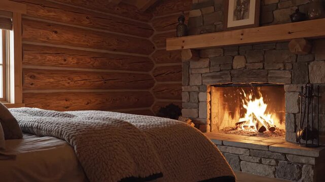 Cozy log cabin bedroom with a blazing stone fireplace, warm blankets, and rustic charm, soft warmth!