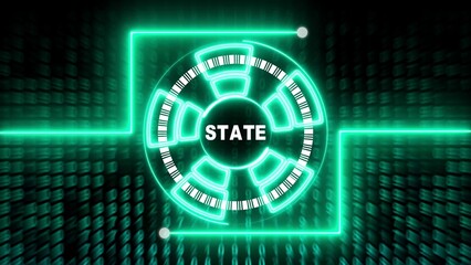 Neon green circuit board with barcode segments and state text glowing