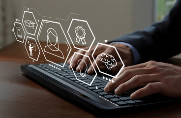 Professional hands typing on a keyboard with digital icons representing education, achievement, and learning concepts floating above in a modern office environment.