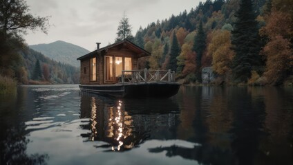 Fototapeta premium Cozy Houseboat on a Serene Lake Surrounded by Autumn Forest and Mountains at Dusk.
