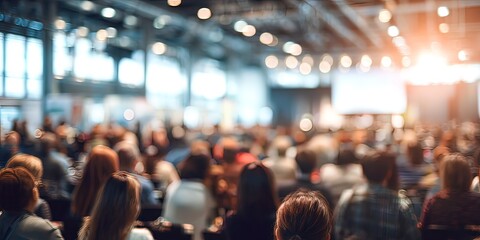 Abstract concept of a crowded seminar hall with blurred attendees engaged in discussions and presentations. High quality. High quality