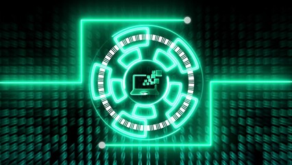 Neon green circuit board with laptop and barcode scanner glowing