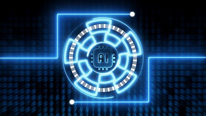 Blue neon A I circuit board with barcode on dark background artificial intelligence neon blue