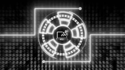 Neon circuit board with barcode segments and computer monitor on black background with binary code