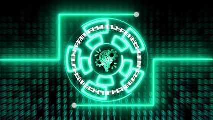 Neon green maze with barcode and gear on dark background