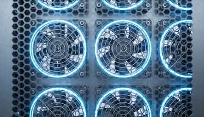 Array of high-performance electronic cooling fans featuring glowing blue LED illumination on a server rack.