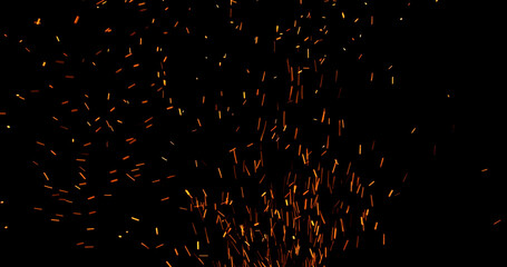 Realistic fire sparks flying through the air, isolated on a black background. Perfect as a cinematic VFX overlay, fire particles effect or visual element.