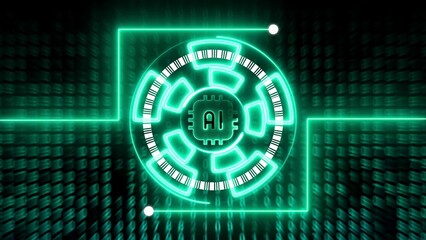 Neon green A I circuit board with barcode on digital background artificial intelligence