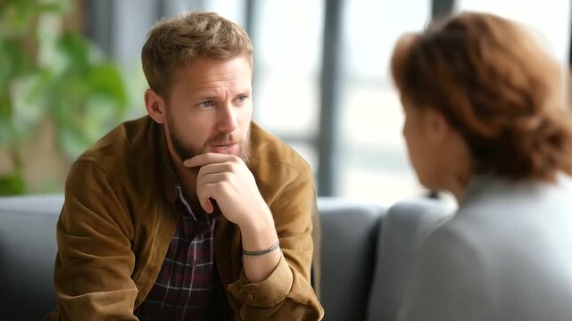 Faceless men talking with psychologist during therapy defocused office background stressed mental health discussion talking therapy session psychological counseling profession