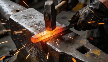A blacksmith hammers glowing hot metal on an anvil, causing a dramatic shower of bright orange sparks.