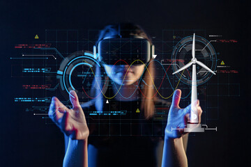 Young woman wearing virtual reality headset interacts with holographic wind turbine model against a futuristic digital backdrop displaying graphs and data