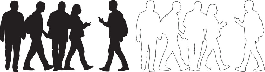 Vector Set of Walking People Silhouettes and Outline Line Art Graphics isolated PNG with Transparent Background