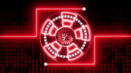 Red neon glowing circuit board with barcode and microchip on dark background