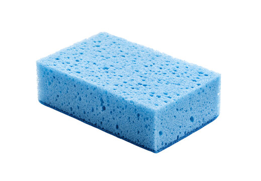 Blue rectangular cellulose cleaning sponge with porous texture, isolated on a transparent background