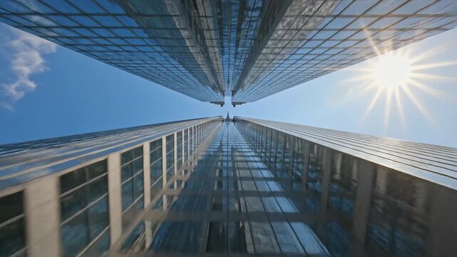Dynamic worm's eye perspective looking straight up at a towering symmetrical skyscraper reaching into the clear blue sky showcasing massive scale and design design, blue, construction