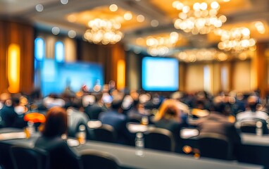 Corporate Seminar Blur: A blurred background of a corporate seminar or training session in a conference hall, with attendees. People in professional meeting of business leadership strategy in event
