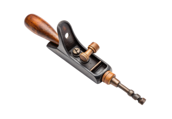 Vintage hand brace drill with wooden handle and metal frame, isolated on a transparent background