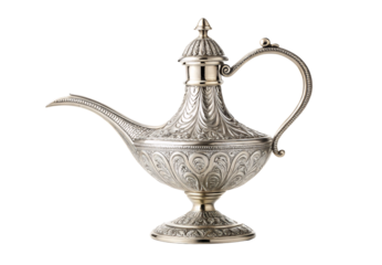 Ornate silver teapot with elaborate engravings and decorative spout, isolated on a transparent background