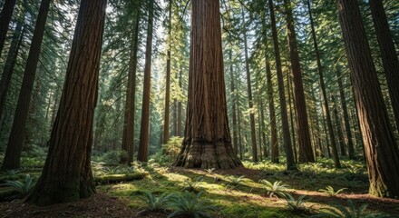 Fototapeta premium Sunlight filters through giant redwood trees