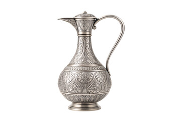 Decorative silver ewer pitcher with intricate floral engravings and handle, isolated on a transparent background
