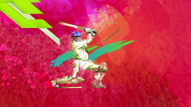 Young cricket player in action during a match with colorful abstract background