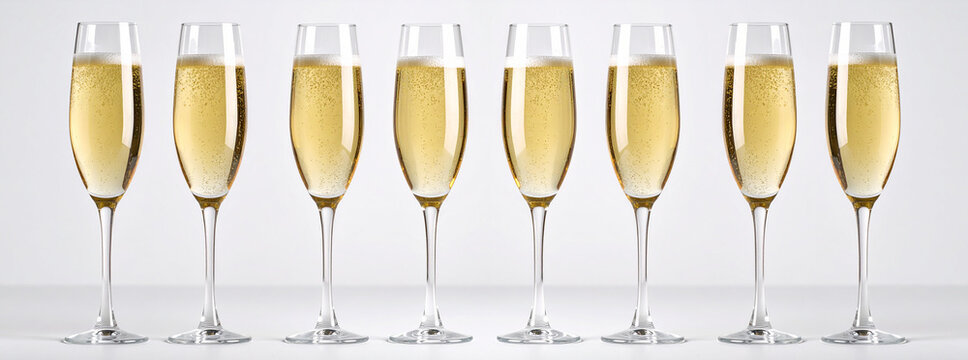 copas de champ&aacute;n alineadas en fila sobre fondo blanco, llenas de burbujas doradas para brindar en fin de a&ntilde;o, navidad o cualquier celebraci&oacute;n de exito 
