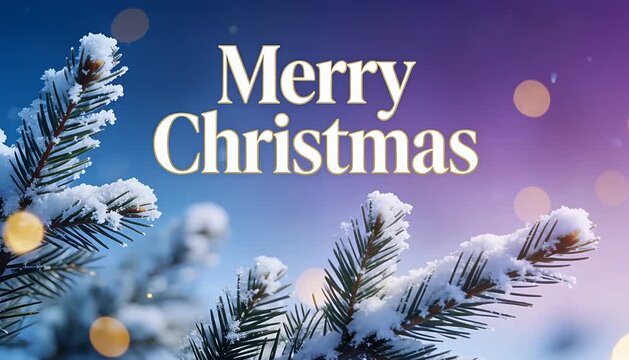 Merry christmas snowy festive background with fir branches and sparkling bokeh lights seasonal greeting.