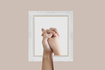 Digital collage modern art. Holding hands with frame