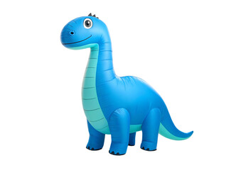 Blue inflatable dinosaur toy with friendly expression and long neck, isolated on a transparent background