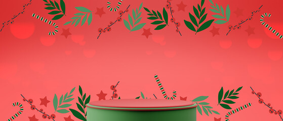 Festive Merry Christmas Candy Cane Background and Snowflakes with Red Holiday Podium for Product Display, 3d illustration rendering