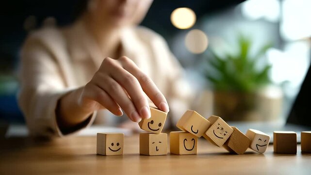Emotion wooden blocks in loading bar faceless mental health assessment defocused background child wellness concept world mental health day think positive compliment day