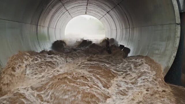 Dynamic, high-speed torrent of brown water rushing through a smooth, cylindrical storm drain culvert pipe creating intense movement force, water, energy