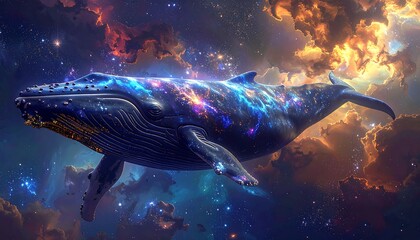 Celestial whale floats in a nebula-like space, illuminated with cosmic colors, amidst swirling clouds and stars