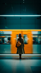 A woman in a green coat and brown purse is standing on a subway platform as a yellow train passes by