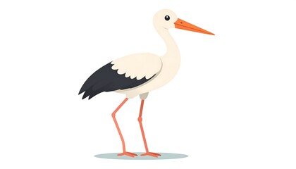 Cartoon stork with white and black plumage, standing gracefully on thin red legs, against a plain white background