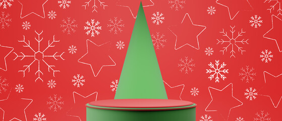 Festive Merry Christmas Candy Cane Background and Snowflakes with Red Holiday Podium for Product Display, 3d illustration rendering, xmas decoration