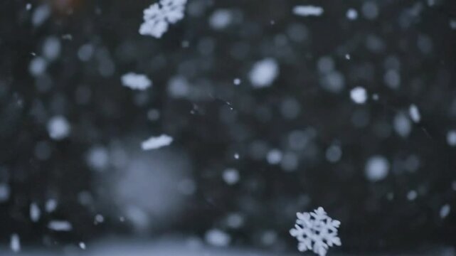 Close-up of falling snowflakes in slow motion, winter wonderland scene.