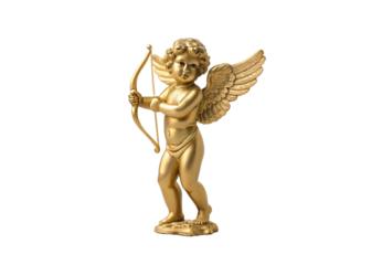 Gold cupid angel figurine holding bow and arrow classical sculpture, isolated on a transparent background