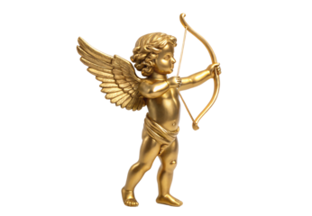 Golden angel cupid statue aiming bow and arrow with wings, isolated on a transparent background