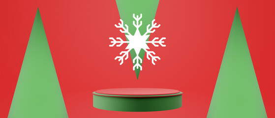 Festive Merry Christmas Candy Cane Background and Snowflakes with Red Holiday Podium for Product Display, 3d illustration rendering
