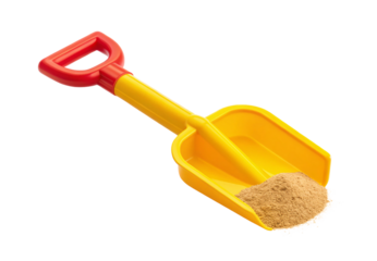 Yellow plastic beach shovel with red handle filled with sand, isolated on a transparent background