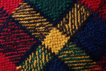 Obraz premium Close-up macro shot of a colorful plaid knitted fabric texture with visible yarn threads. Detailed view of a woven textile featuring a classic tartan pattern. the intricate knit structure.