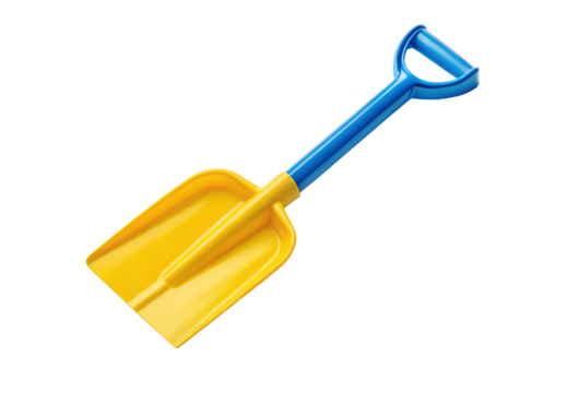 Yellow plastic beach shovel with blue handle for sand play, isolated on a transparent background - Powered by Adobe