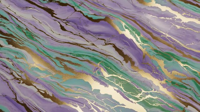 Dynamically pulsating waves of soft lilac and mint marble pattern highlighted by thick metallic gold lines creating a perfect seamless loop waves, success, gold