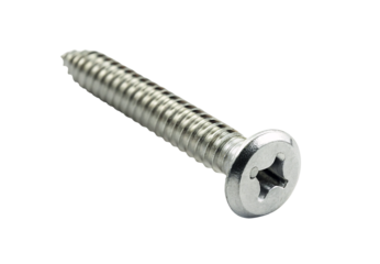 Metal self-tapping screw with cross-head drive, isolated on a transparent background