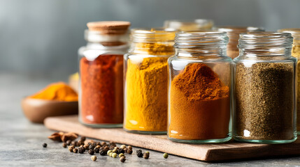 Assorted colorful spices in jars on kitchen counter