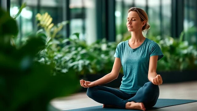 Faceless fitness woman doing yoga breathing relaxation defocused spiritual wellness background mental wellbeing practice meditative exercise mindfulness training peaceful work