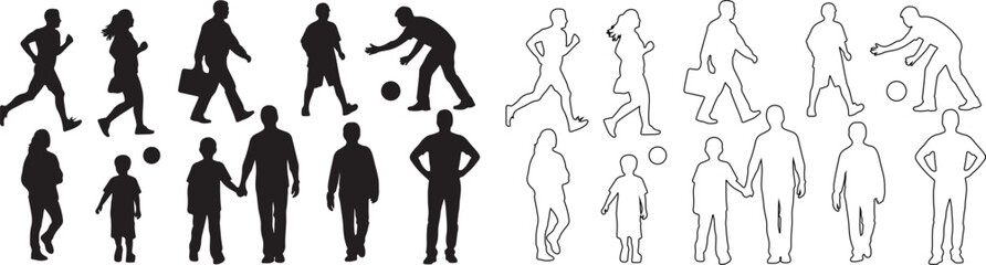 Set of diverse people silhouettes and outline icons in various poses isolated PNG with Transparent Background