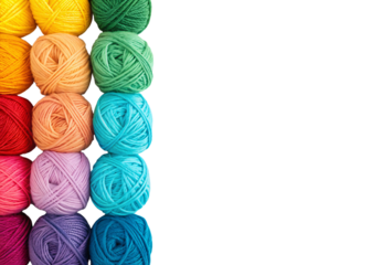 Vibrant knitting yarn collection displaying warm and cool tones in organized rows, isolated on a transparent background